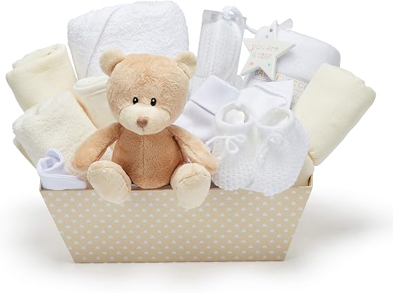 Neutral Baby Gift Basket - Fleece Wrap Hooded Towel Baby Clothes 2 Muslin Cloths and Cute Brown Teddy Bear