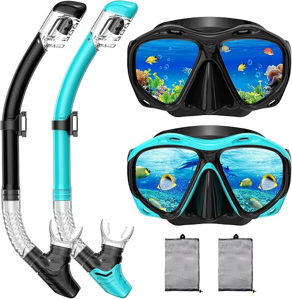 Snorkeling Gear for Adults, Dry Top Snorkel Mask Set, Diving Scuba Mask, Swimming Goggles with Nose Cover, HD Tempered Glass Panoramic Swim Freediving Anti-Leak Anti-Fog Travel Packages