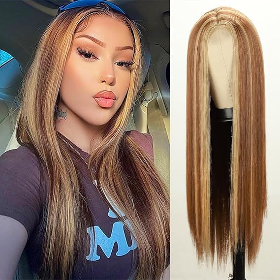 Xinran Long Blonde Highlight Ombre Wig for Women Lace Front Synthetic | 30 Inch, Brown Blonde Mixed Color, Small Lace Area, Natural Hairline, Soft Fiber Texture, Daily Use Cosplay