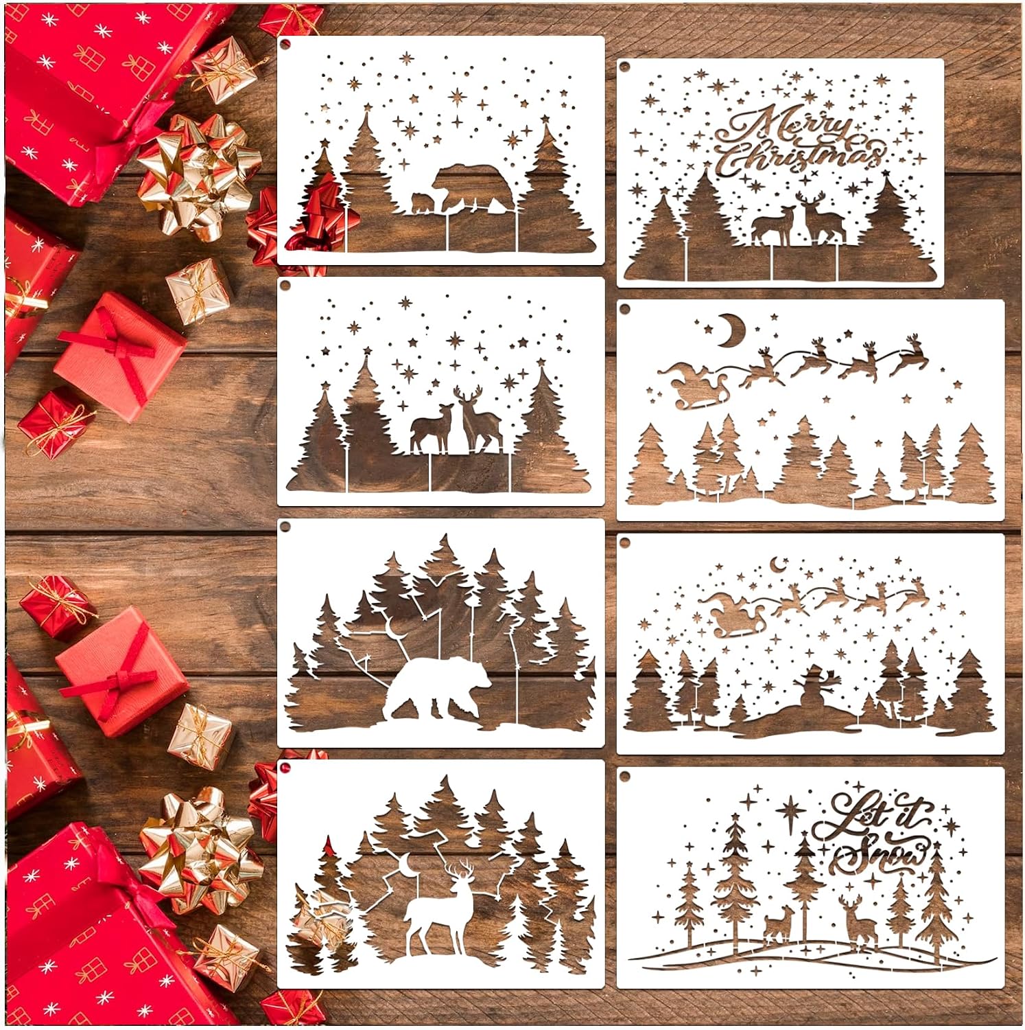 Large Christmas Window Stencils for Glass Reusable Winter Scene Stencil Template Drawing Holiday Xmas Tree Spray Snow Stencils for Painting on Wood Sign Windown Wall Fabrics8pcs Christmas Tree