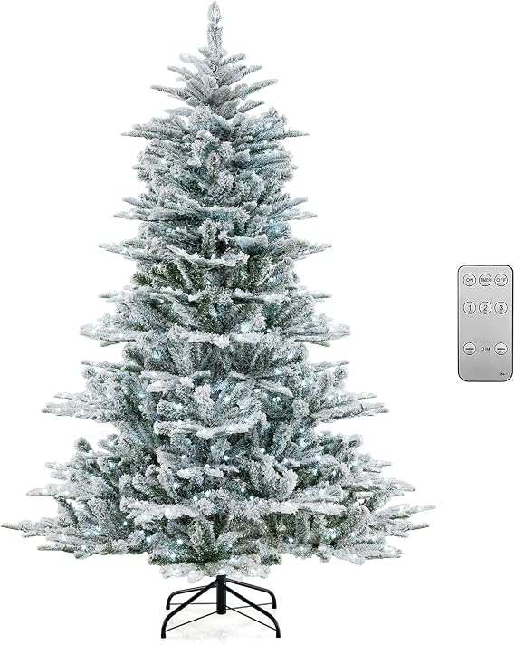Goplus 6ft Pre-Lit Snow Flocked Christmas Tree, Artificial Hinged Xmas Tree with 661 PVC & PE Tips, 500 Cool White LED Lights, 3 Modes, 2 Brightness, Timer, Remote Control, Home Office Decoration