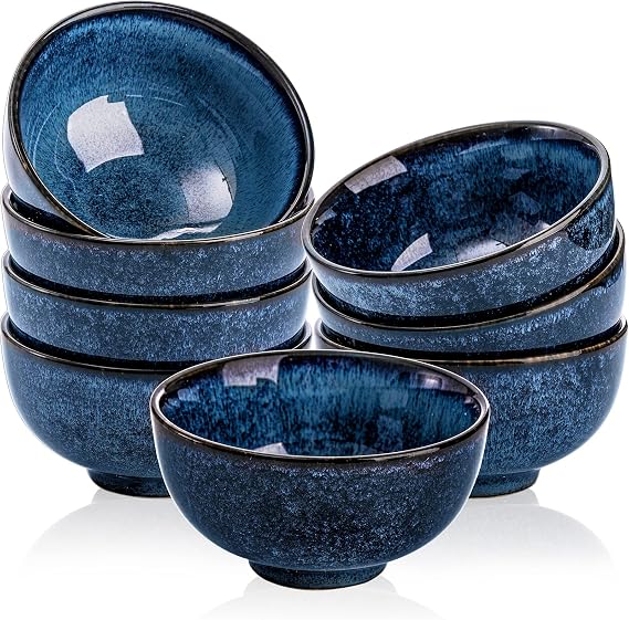 ZEAYEA Set of 8 Ceramic Bowls, 10 oz Small Dessert Appetizer Serving Bowls, 4.5 Inch Glazed Blue Bowl for Rice, Fruit, Pasta, Salad, Oatmeal, Noodle, Dishwasher Safe