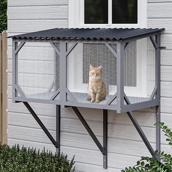 Waleaf Cat Window Box, 43.3" Catio Outdoor Cat Enclosure for Sunbathing, Napping & Overlooking, Sturdy Window Perch for Large Indoor Cats - All Weather Use, Nature Friendly Design