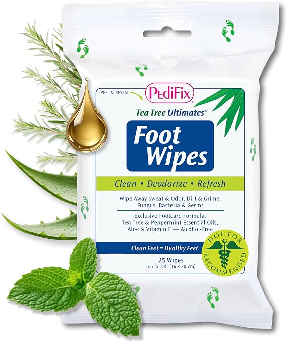 PediFix Tea Tree Ultimates Foot Wipes with Tea Tree Oil, Peppermint & Aloe | No-rinse wipes with tea tree oil, peppermint and aloe cleanse sweaty feet, control odor and refresh skin anywhere.