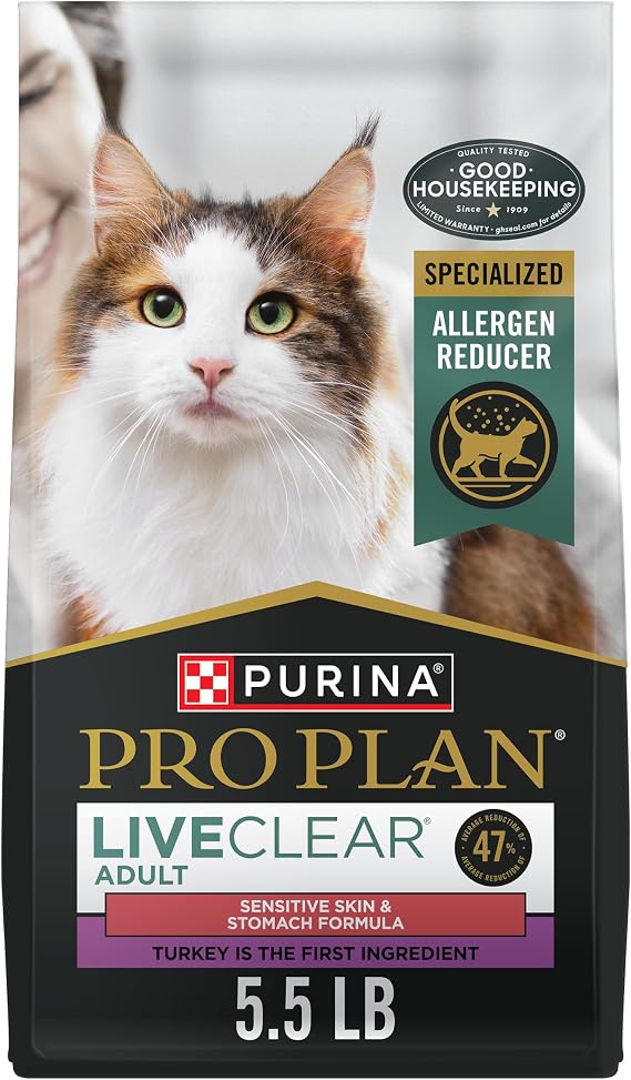 Purina Pro Plan LiveClear Sensitive Skin & Stomach Cat Food, 5.5 lb Bag | Real turkey, reduces the major allergen in cat hair and dander, sensitive skin cat food with natural prebiotic fiber