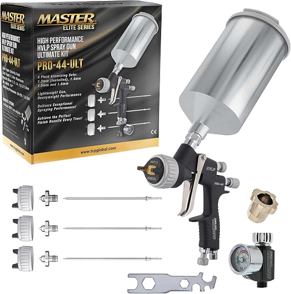 Master Elite Performance PRO-44 HVLP Spray Gun Ultimate Kit with 4 Fluid Tips 1.3, 1.4, 1.5 & 1.8mm - Automotive Spray Paint Gun for Painting Basecoats, Clearcoats & Primers - Advanced Atomization