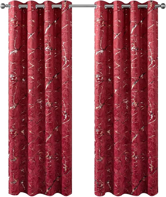 Petrichor Luxury Burgundy Velvet Curtains, Gold & Silver Foil Marble Pattern, 80% Light Blocking, Thermal Drapes, 52" Wide x 63" Long, 2 Panels for Bedroom and Living Room