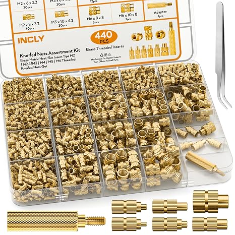 INCLY 440PCS Threaded Inserts M2 M2.5 M3 M4 M5 M6 for 3D Printing | Heat Set Inserts with Soldering Tips & Adapter, Brass Threaded Inserts for Plastic PLA, PETG, ABS, PPS, Metric Knurled Nuts