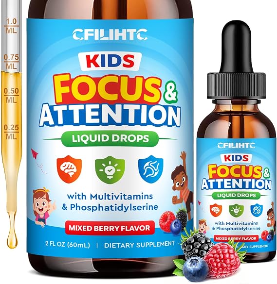 Kids Focus and Attention Supplements with Phosphatidylserine, Omega-3, Magnesium Glycinate & L-Theanine, Brain Vitamins Liquid Drops for Kids Memory, Cognitive, Calm & Mood, Mixed Berry, 2 Fl Oz