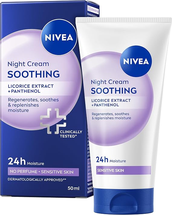 NIVEA Soothing Night Cream with Panthenol (50 ml), Face Cream for Sensitive Skin with Liquorice Extract and Panthenol, Regenerating Overnight Moisturiser