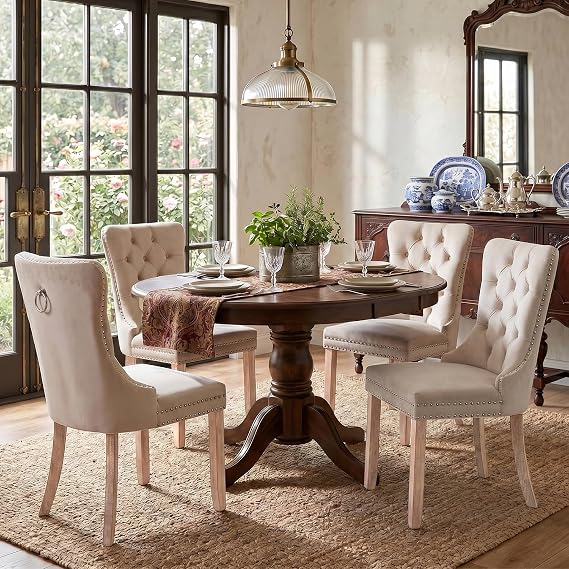 Set of 4 Cream Beige Dining Chairs with Upholstered Wing Back