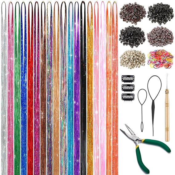 Hair Tinsel Kit, 18 Colors Glitter Tinsel Hair Extensions with Tools