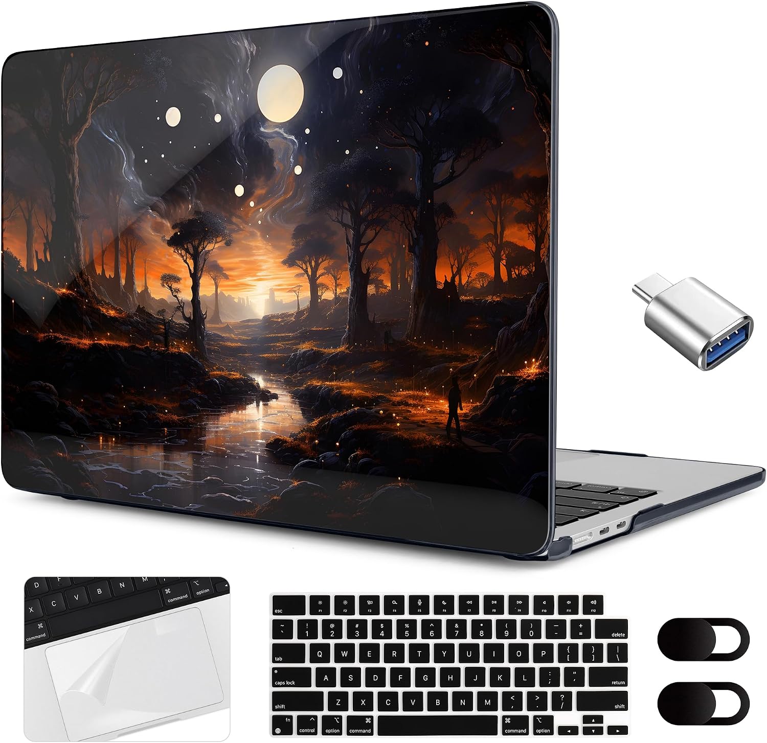 MEEgoodo Case for MacBook Air 15 inch M4M3M2 2025 2024 2023, Case Fit Model A3241A3114A2941 for MacBook Air 15-inch, Laptop with Keyboard & Camera Cover & OTG Adapter, Fantasy Night Landscape