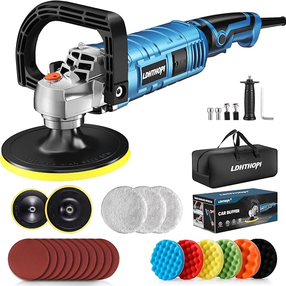 LDHTHOPI Buffer Polisher Kit for Car - 6/7 Inch Rotary 1800w Polisher Buffer Waxer,7 Variable Speed 1000-3500rpm,Detachable Handle Buffing Machine for Car, Boat Sanding, Polishing Waxing, Blue
