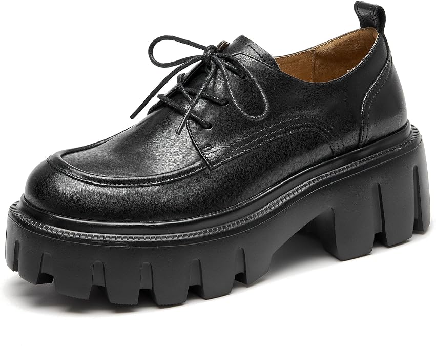Women's Classic Black Leather Platform Oxford with Lug Sole and Lace-Up Closure for Office and Business Wear by BEAU TODAY