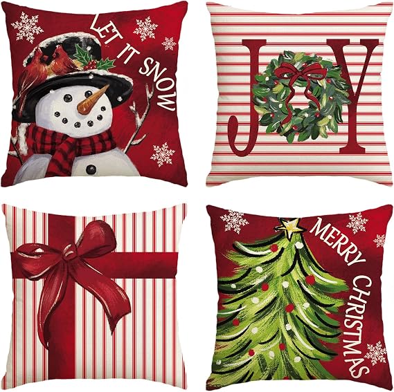 AVOIN colorlife Merry Christmas Let It Snow Joy Stripes Gift Box Red Throw Pillow Covers, 20 x 20 Inch Xmas Tree Holiday Cushion Case Decoration for Sofa Couch Set of 4