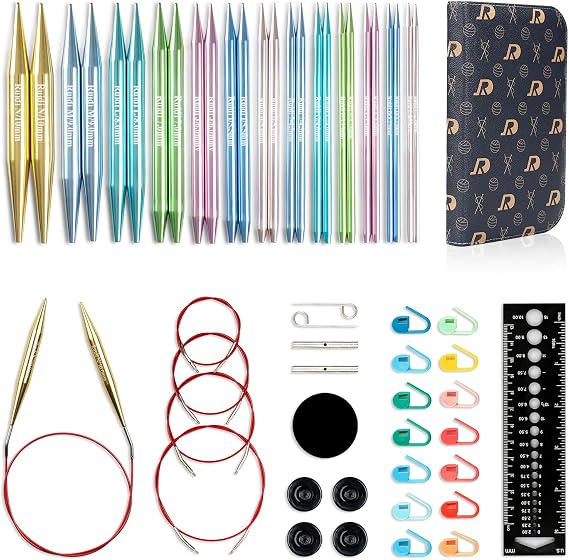 RUIDI Circular Knitting Needles Set, 13 Sizes Aluminium Interchangeable Circular Knitting Needles Set with Case & Accessories, 4" (10cm) | (2.75mm to 10mm) (Muticolour)