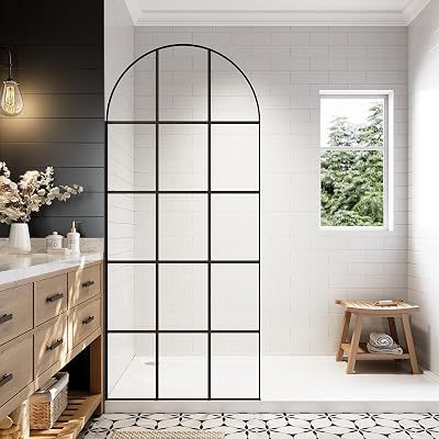 34W x 74H French Glass Shower Screen for Bathroom,Fixed Framed Walk in Arched Shower Door in Matte Black Finish, Shower Glass Panel with 516 8mm Clear SGCC Tempered Glass, Easy Installation