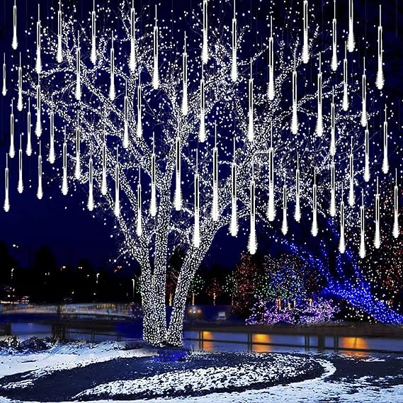 Meteor Shower Lights,Waterproof Solar Powered Icicle Raindrop Lights 30cm 10 Tubes 360LEDs Falling Rain Lights for Garden Outdoor Patio Holiday Party Halloween Decoration (White)