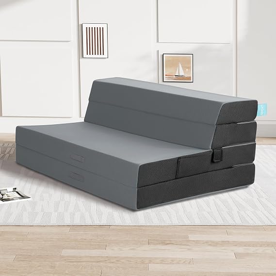 LIKIMIO Folding Mattress Twin, High Density Foam Mattress with Breathable and Washable Cover & Storage Bag, 4 Inch Foldable Mat Topper for Camping, RV and Yoga, Handle Design, Gray