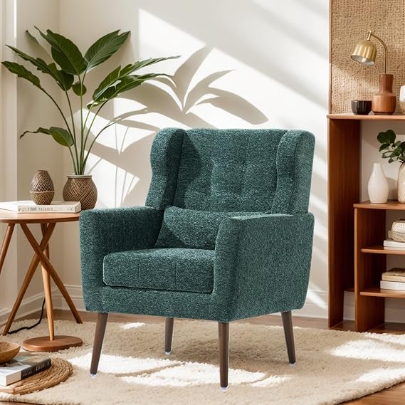Accent Chairs for Living Room, Chenille Upholstered mid century Mordern Armchair with Pillow, Comfy Sofa arm Chair for Reading, Bedroom (1, Blackish Green)