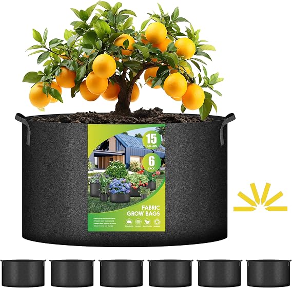 iPower Plant Grow Bag 15 Gallon 6-Pack Heavy Duty Fabric Pots, 300g Thick Nonwoven Fabric Containers Aeration with Nylon Handles, for Planting Vegetables, Fruits, Flowers, Black 2024 Version