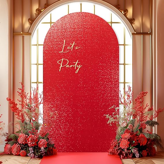 6FT Red Arch Cover-Sequin Spandex Fitted Wedding Arch Cover Round Top Chiara Background Covers for Birthday Party Baby Shower Photo Arch Stand Decoration
