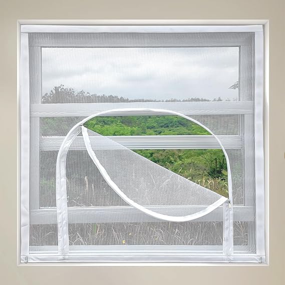 Cut-to-Size Window Screen Replacement kit with Zipper Opening, Fiberglass White 63"X63" (160X160cm) Reusable,Eazy to Open Window,Keep Bugs Mosquitoes Out