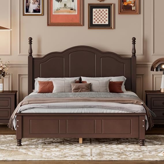 Rustic Farmhouse Bedroom Set with Elegant Curved Headboard, Sturdy Wooden Bed Frame and 2 Nightstands - Classic Country Style Furniture for Master Bedroom,Guest Room (Walnut,Full Bed)
