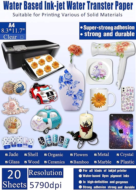 20 Sheets Decal Paper Inkjet Clear Premium Water Transfer Transparent Printable Water Slide Decals A4 Size