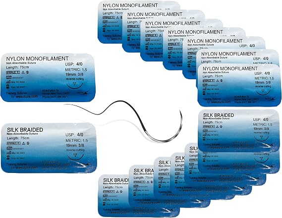 Training Suture Thread with Needle | 8 Nylon (4-0) and 8 Silk (4-0), Non-Absorbable | for Medical, Dental, Nursing and Veterinary Students - Practice | Demonstration and Educational Use Only