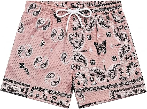 Mens Mesh Bandana Paisley Shorts, Basketball Athletic Graphic Shorts with Pockets Gym Butterfly Streetwear
