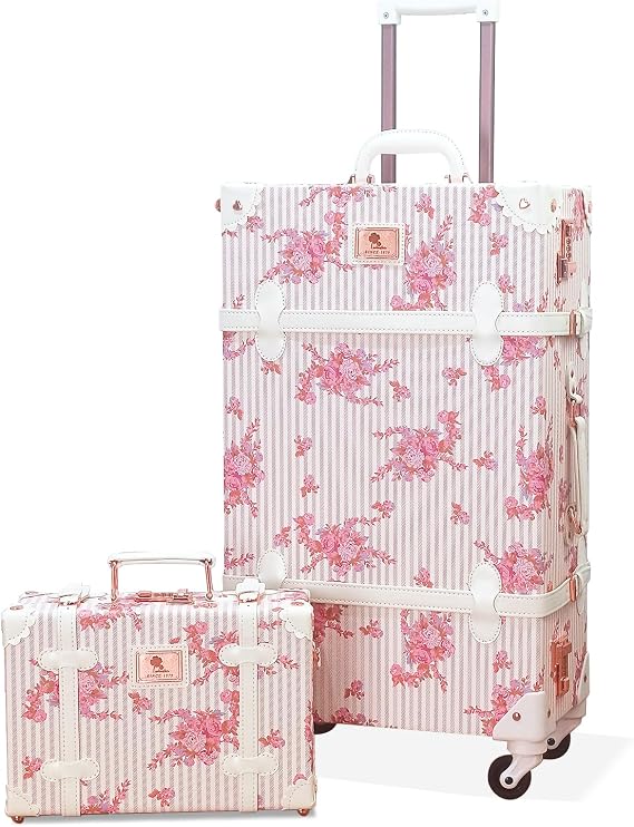 Unitravel 2 Piece Vintage Suitcase Set, 26 inch Handmade Faux Leather Spinner Luggage for Women with 12 inch Cosmetic Train Case Handbag (Floral Pink)