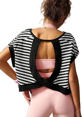 Womens Athletic Printed Tops Open Back Workout Short Sleeve Lightweight Casual Shirts