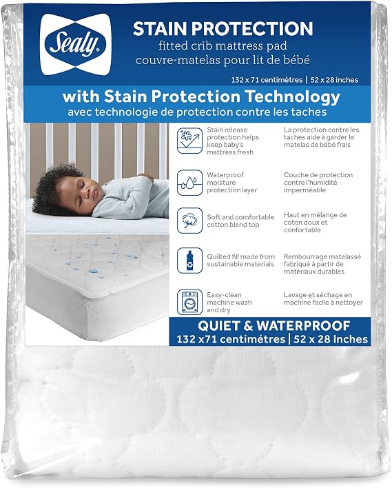 Sealy Baby Crib Mattress Protector - Stain Protection Waterproof Pad, Noiseless Fitted Sheet Cover with Quilted Cotton-Blend Top for Comfort Machine Washable and Easy Clean, 52x28