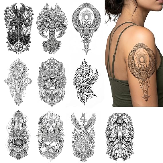 AWLEE Temporary Tattoos for Women Men, Egyptian Designs, 10 Sheets | Waterproof, Ankh Eye of Horus Scarab Pharaoh, Long Lasting, Party Festival Halloween