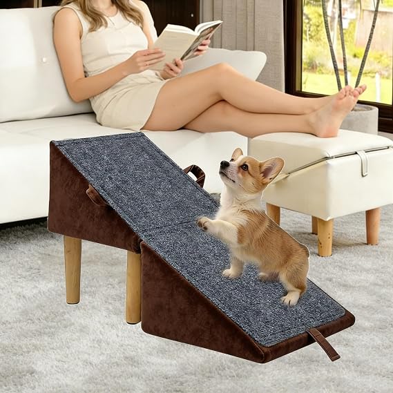 Split Ottoman Dog Ramp for Small Dogs and Cats – 2-in-1 Foldable Wooden Pet Ramp and Stairs for Couch and Low Bed, or Ottoman, Non-Slip and Portable, Brown