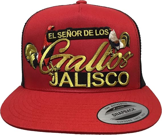 El senor de Los gallos con 2 gallos y Jalisco en frente hat red Black mesh
