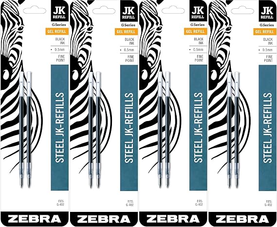 Zebra G-402 Stainless Steel Pen JK-Refill, Fine Point, 0.5mm, Black Ink, 8-Count