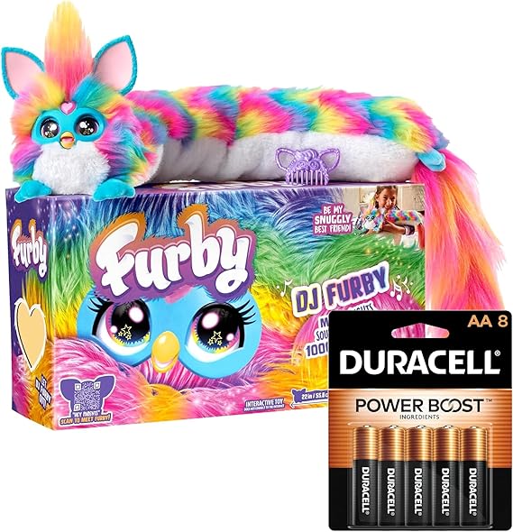 Furby DJ Interactive Toy, Super Snuggly Rainbow Electronic Plush with Music, Lights, Motion, and Games + Duracell Coppertop AA Batteries 8 Count with Power Boost Ingredients (Bundle)