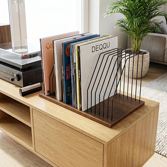 Base 50x32x26 cm Ahşap Tabanlı Metal Telli Dekoratif Plaklık Plak Düzenleyici Masaüstü Organizer