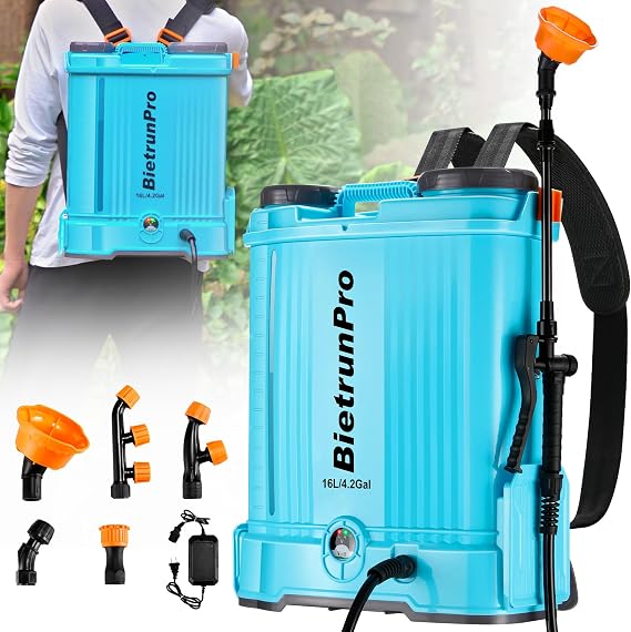 4.2 Gallon Electric Backpack Sprayer with Mixer, 0-100 PSI Sprayer, Battery Powered Backpack Garden Weed Sprayer, 8000 mAh Battery Continuous Spraying 34 Tanks, Backpack Sprayer with 5 Spray Nozzles