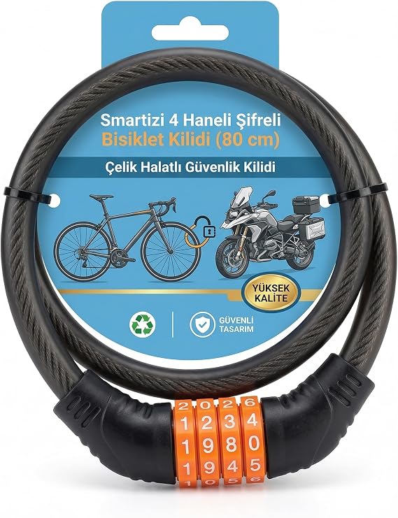 Smartizi 4 Haneli Şifreli Bisiklet Kilidi (80 cm) - Çelik Halatlı Güvenlik Kilidi Motosiklet ve Bisiklet İçin