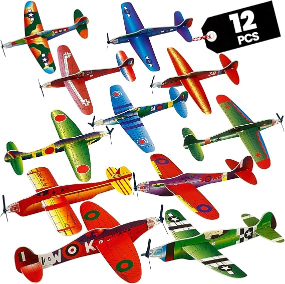 8 Inch Foam Glider Planes (12-Pack) Bomber Airplane Party Favor Toys