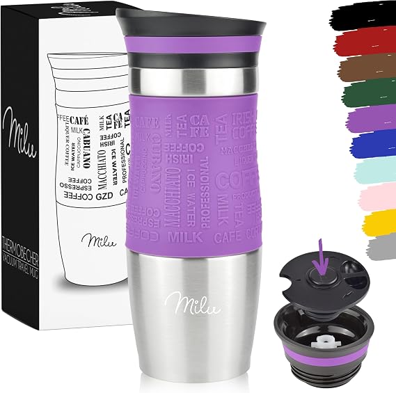 Milu Travel Mug 370ml 450ml - Insulated Coffee Cup to go - 100% Leak Proof - Stainless Steel Drinking Mug - Car Mug Double Wall Insulation Thermo Coffee Flask (Purple, 370ml)