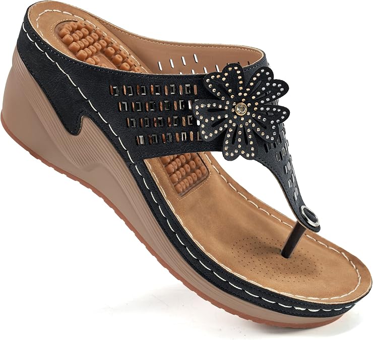 Aomigoct Wedge Sandals Women Flip Flops with High Increased Flower Platform Sandals for Women Dressy Summer Wedge Shoes Cushion FootBed Comfort Flip Flops
