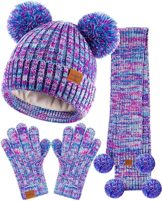 Kids Winter Hat Gloves Scarf Set, Girls Toddler Children Beanie with Pom Knit Neck Warmer Gaiter Mittens Fleece Lined Set