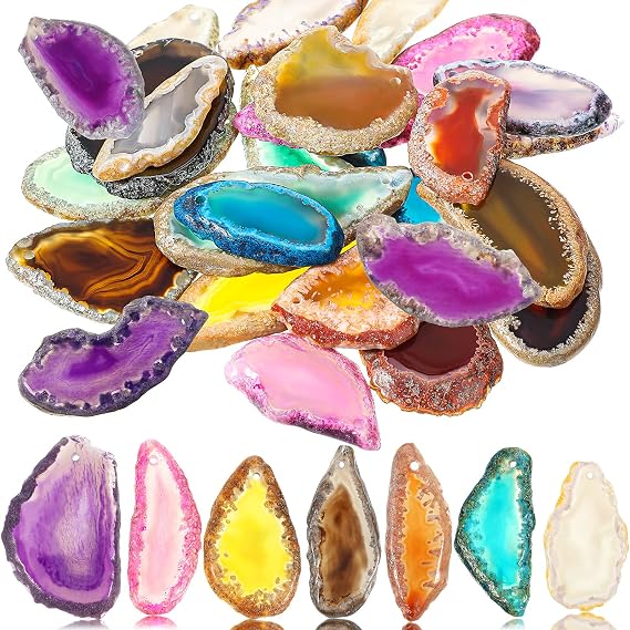 Hicarer 24 Pieces Polished Agate Slices, Drilled Agate Geode Pendants in Various Sizes and Colors Irregular Ornament Geode Stones Rock for Home Room DIY Jewelry Table Decorations