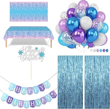 55 Pcs Frozen Birthday Party Decorations Frozen Party Supplies, Snowflake Happy Birthday Banner  Table Cover  Tinsel Foil Fringe  Cake Topper  Balloons