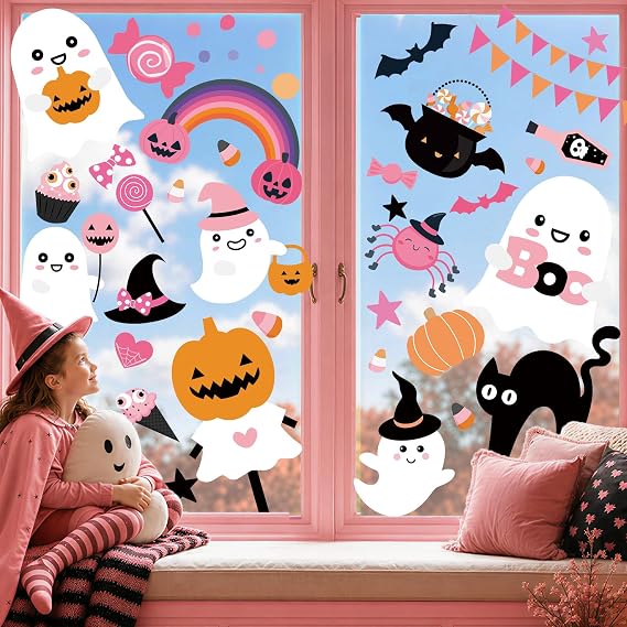 Pink Halloween Window Clings Stickers Decor for Kids Cute Decal Decorations